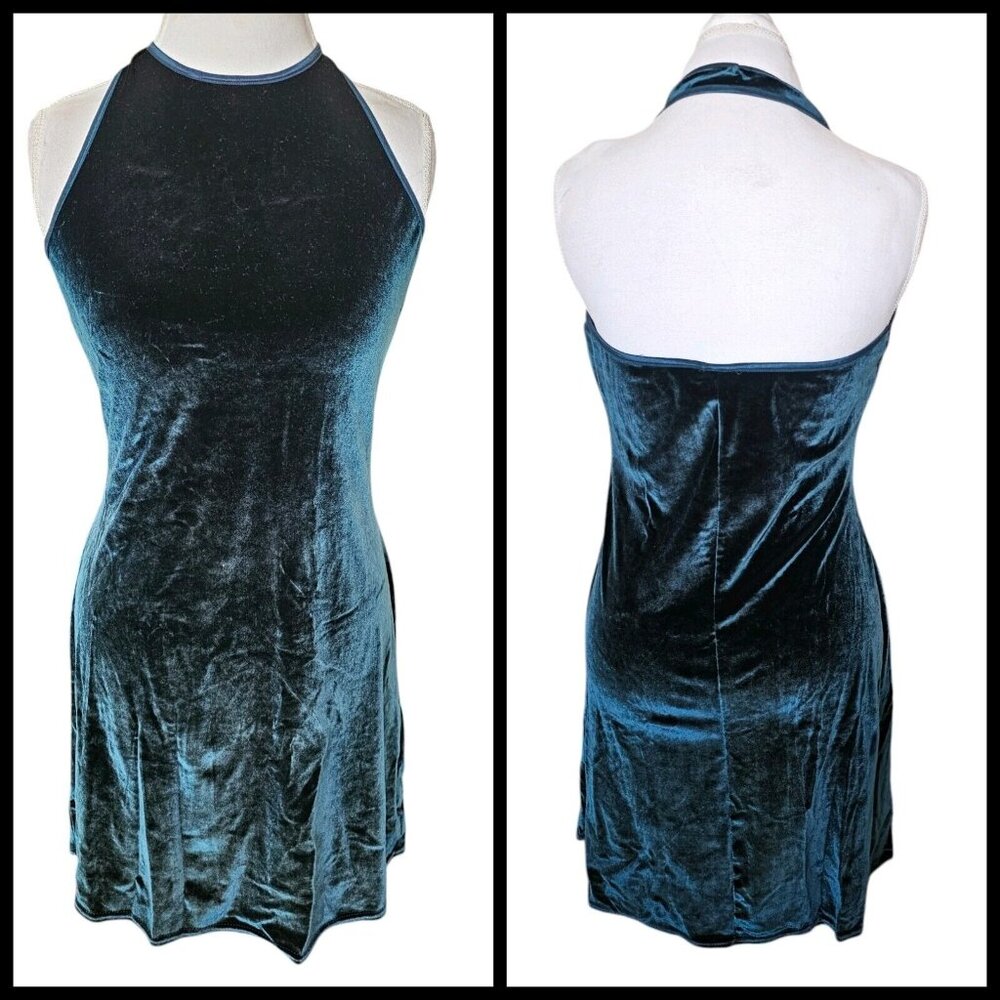90s Womens Medium‎ Velvet Halter Mini Dress Dark Green Stretchy Party Formal - Picture 10 of 10